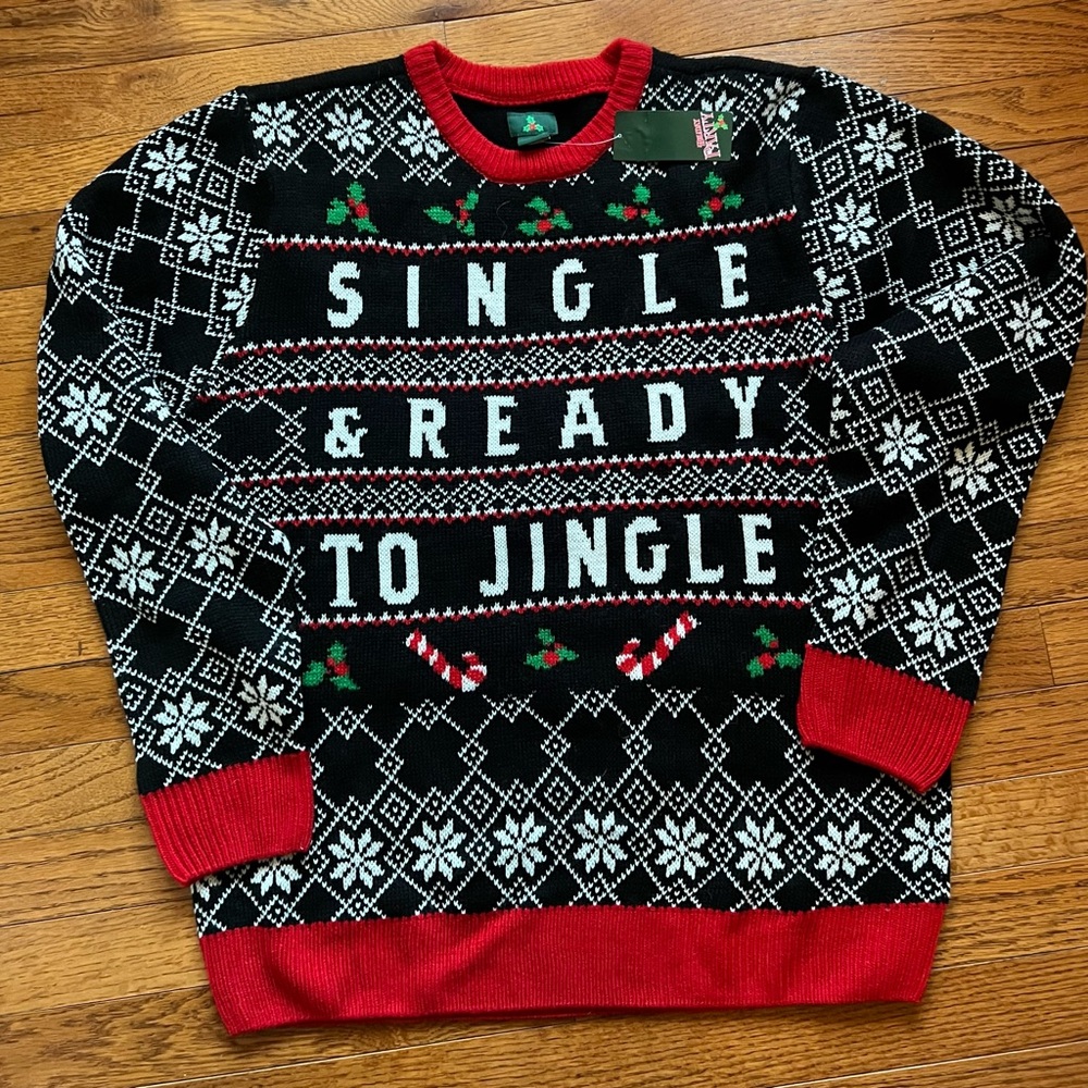 Mens Ugly Christmas Single & Ready to Jingle Knit Crew Neck Sweater XL NWT